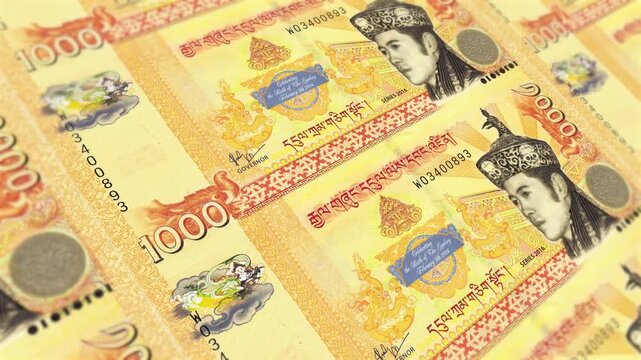 Bhutanese 1000 Ngultrum banknote packs falling loop. Bhutanese money note fall. 3D seamless looped isolated abstract concept of economy, finance, crisis, success and banking on green screen.