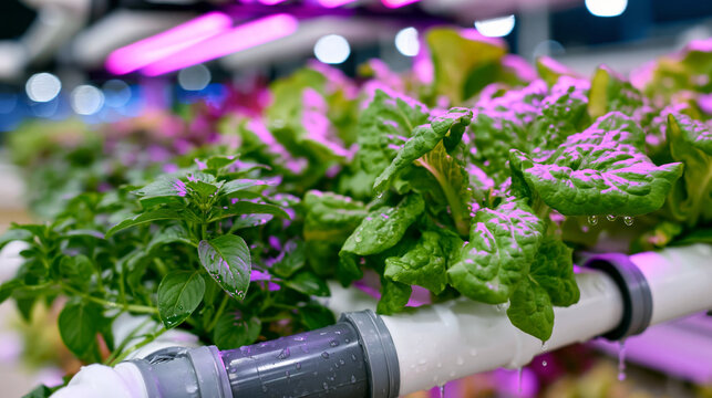 Futuristic indoor vertical farming system featuring hydroponic pipes filled with thriving lettuce and herbs illuminated by pink LED lighting, sparkling water dripping from vibrant green foliage, sus