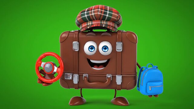 A cheerful 3D cartoon suitcase character wearing a plaid cap, holding a steering wheel and a backpack, against a vibrant green background.