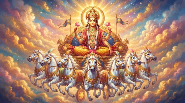 Lord Surya Riding Seven Horses in Divine Chariot with Glowing Celestial Sky