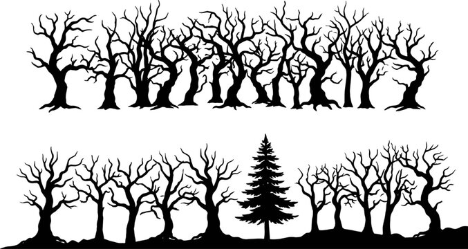 Vector set of horizontal spooky bare tree forest silhouettes and winter landscape borders isolated on white