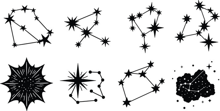 Constellation and star cluster silhouette vector set, cosmic astronomy illustration collection of night sky patterns for astrology and space design concept