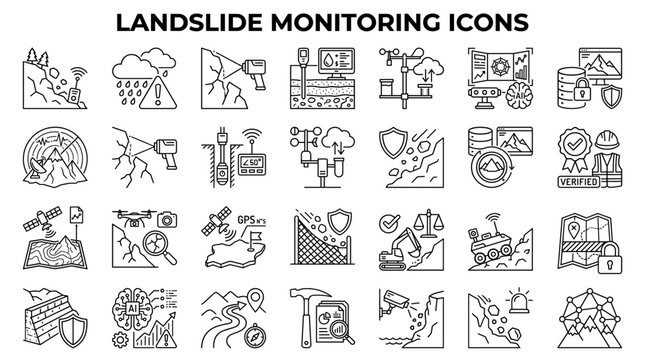 A collection of black and white line art vector icons depicting landslide monitoring, geological sensing, data analysis, disaster prevention technology, and safety equipment.