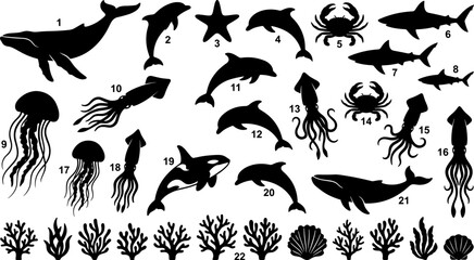 Vector silhouette collection of ocean marine life sea animals corals and underwater creatures © Jahanara