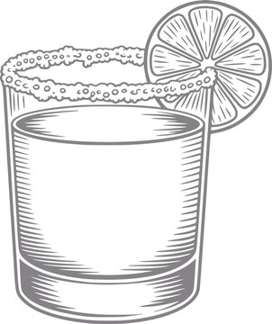 Un dibujo a mano de una copa de c&oacute;ctel margarita con borde de sal y una guarnici&oacute;n de rodaja de lima fresca aislada