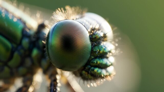 Extreme Macro Closeup of a Iridescent Dragonfly Eye in Early Morning Light, Showcasing Biological Detail.