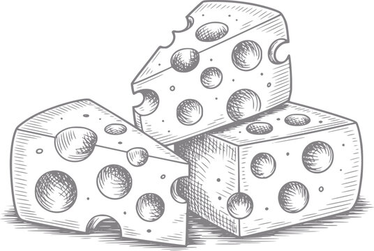 Un dibujo a mano de tres deliciosas cu&ntilde;as de queso suizo con agujeros, aisladas sobre fondo blanco