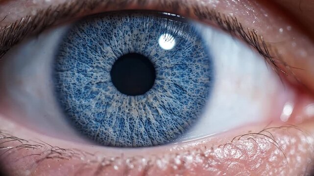 Extreme macro closeup of human blue eye, detailed iris texture and pupil dilation.