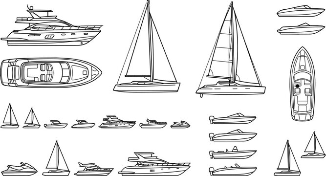 Vector collection of line art marine watercraft, luxury yachts, sailboats, and speedboats in side and top views isolated on white background