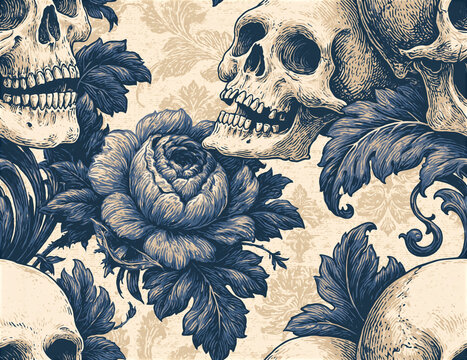 vintage gothic seamless pattern with skulls, roses and victorian floral ornaments, elegant halloween repeating background design