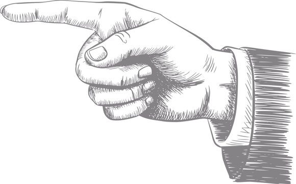 Un dibujo a mano estilo vintage de una mano humana apuntando hacia la izquierda, aislado sobre fondo blanco