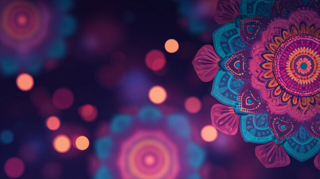 modern abstract indian festival background with glowing mandala ornaments, elegant decorative holiday banner with copy space