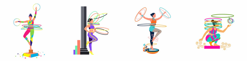 Vector illustrations set of women performing impressive hula hoop tricks in various athletic poses and colorful outfits on a white background. © Muqodimatul
