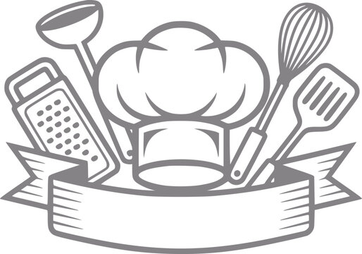 Gorro de chef y utensilios de cocina con un banner de cinta en blanco para branding culinario y de restaurantes