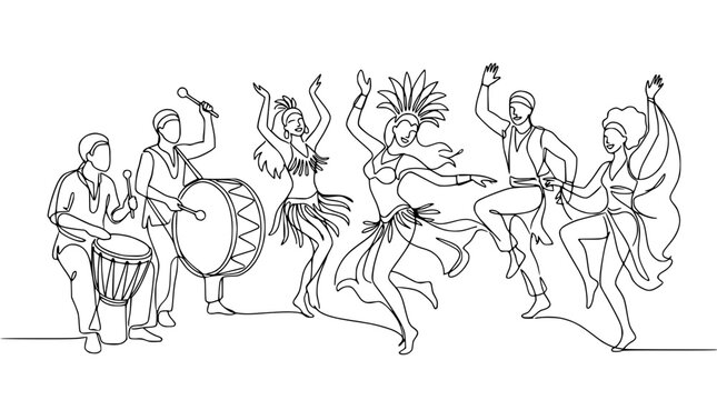 Carnival Dancers and Musicians Line Art Illustration