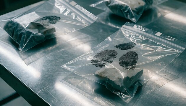 Forensic Evidence Bags With Fingerprints And Rock Samples On Metallic Table In Dark Crime Laboratory