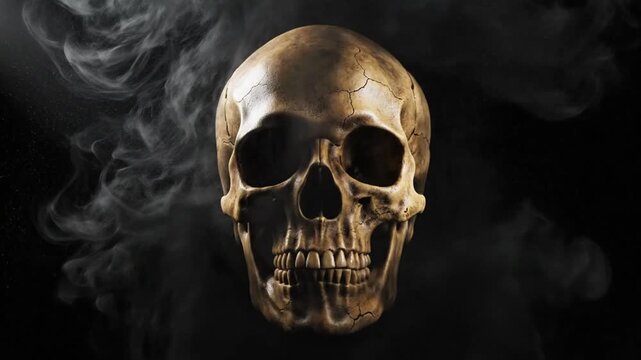Dark smoky skull portrait with dramatic lighting and moody shadows.