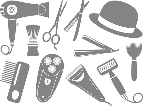 Colecci&oacute;n de equipos de barber&iacute;a y sal&oacute;n de belleza con herramientas de aseo y accesorios en siluetas grises