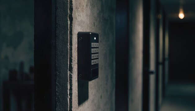 Security Keypad Mounted On Dark Textured Concrete Wall In Dimly Lit Long Coridor With Moody Lighting