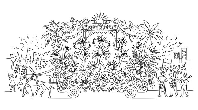 Carnival Parade Float with Dancers, Horse, and Musicians - Line Art Illustration