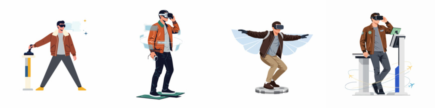 Set of flat vector illustrations depicting a man in a flight jacket using VR headsets for aviation simulations and futuristic training experiences.