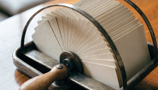 Vintage Metal Rotary Business Card File Holder With Blank Cards On A Wooden Desk Surface