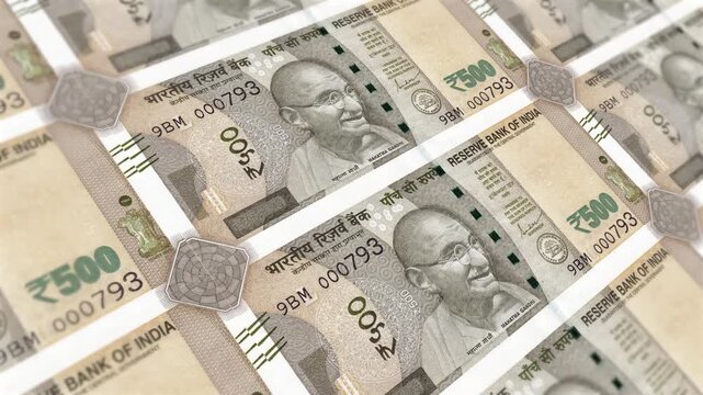 Indian 1000 Rupee banknote packs falling loop. Indian money note fall. 3D seamless looped isolated abstract concept of economy, finance, crisis, success and banking on green screen.