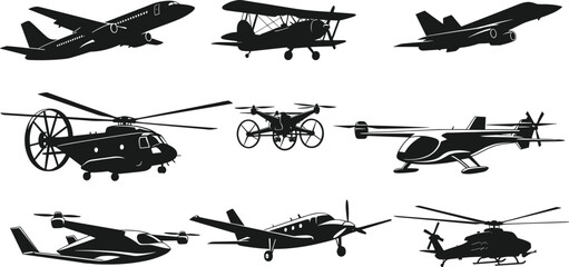 Aircraft silhouette vector, aviation technology clipart, black flying vehicle icon, drone jet helicopter graphic, futuristic aircraft design © Shova