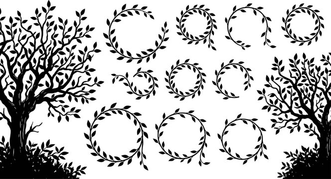 Vector silhouette collection of leafy trees bushes and circular botanical vine wreath frames for nature design