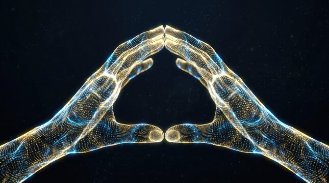 Glowing digital wireframe hands connecting in dark space.