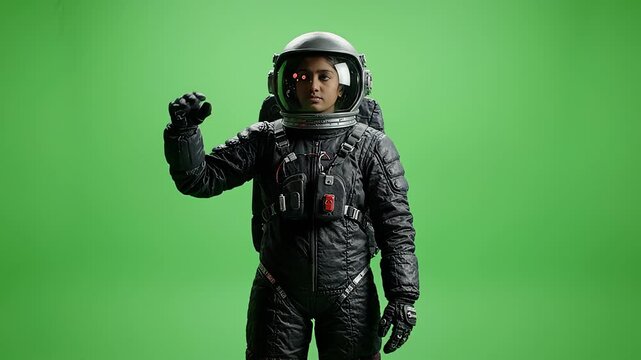 Young female astronaut in black space suit on green screen. Cinematic footage of a pilot reaching out in zero gravity simulation, exploring space exploration, science education, and future technology.