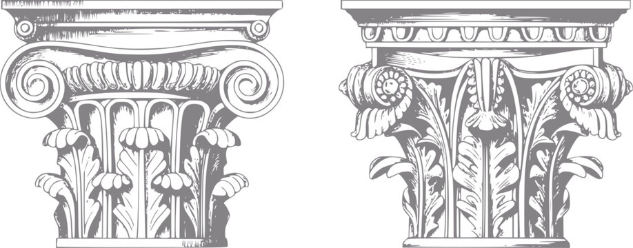 Dibujo detallado de dos capiteles de columnas arquitect&oacute;nicas cl&aacute;sicas con estilos ornamentados j&oacute;nico y corintio