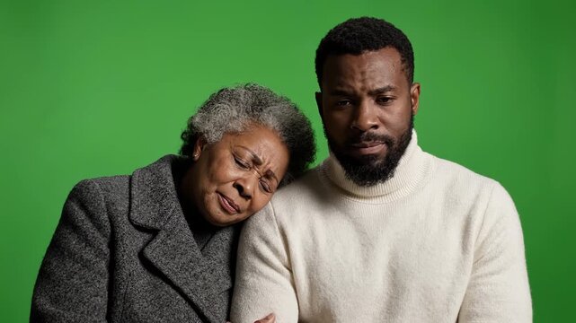 A supportive man providing comfort to an elderly woman, expressing profound empathy and connection during a challenging moment against a vibrant green backdrop.