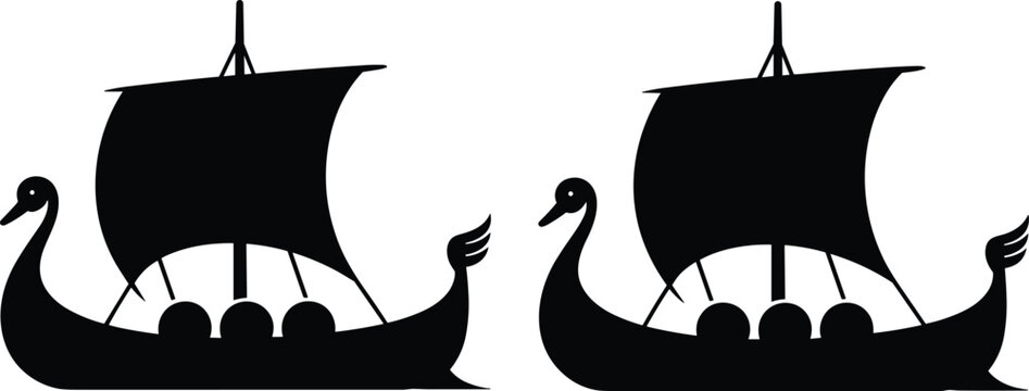 Viking longship silhouette vector set featuring traditional norse drakkar boats with sails and shields isolated on white background
