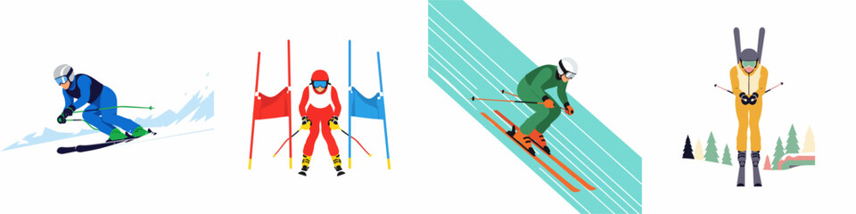 Naklejka premium Set of four flat vector illustrations featuring alpine skiers in various racing and downhill poses against a minimalist snowy background.