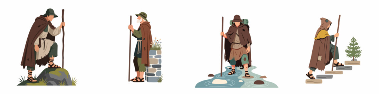 Set of medieval pilgrims and travelers in tattered cloaks carrying walking sticks on their journey, depicted in a flat vector illustration style.
