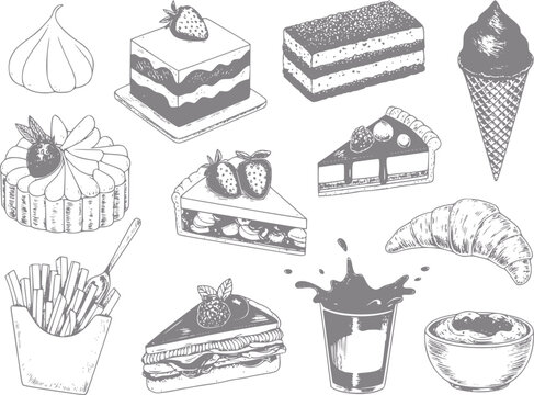 Colecci&oacute;n dibujada a mano de varios postres deliciosos, pasteles, tortas, helados y snacks con estilo