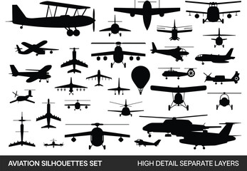 Aviation silhouette vector collection featuring diverse aircraft, helicopters, jets, prop planes, hot air balloon, and transport aviation icons for design, illustrations, and infographic projects. © Shova