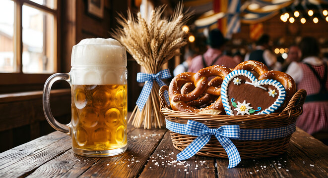 A large glass mug of beer, a basket of pretzels, a gingerbread heart, and a bundle of wheat on a wooden table.