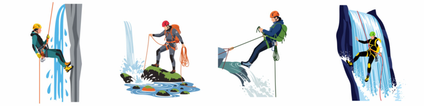 Set of four vector illustrations showing people rappelling and exploring waterfalls in canyoneering and extreme outdoor adventure sports.