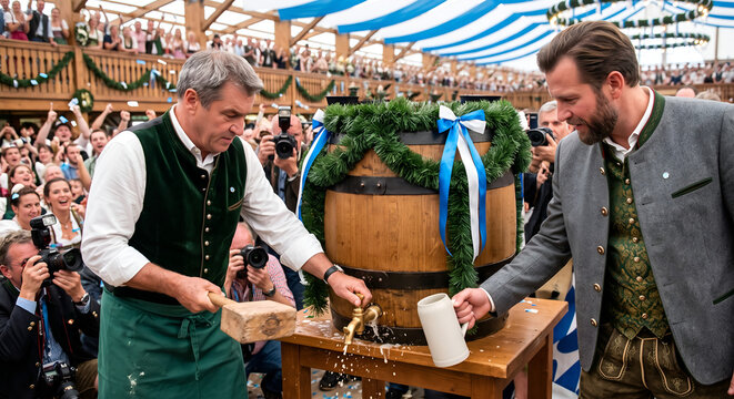 Two men in traditional Bavarian clothing tapping a wooden beer keg with a wooden mallet at a festival.