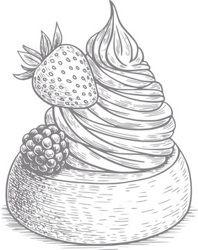 Dibujo a mano de una deliciosa tarta de postre cubierta con crema batida fresca, fresa y mora