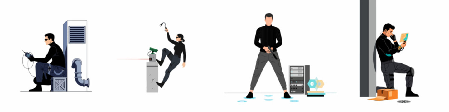 Set of flat vector illustrations depicting spies, special agents, and thieves performing various covert operations, heists, and tactical missions in a modern style.