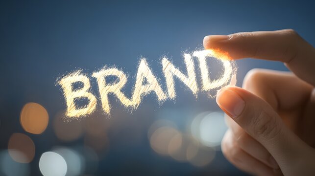 Hand holding a glowing brand text icon over a soft bokeh background. Marketing and brand identity concept.