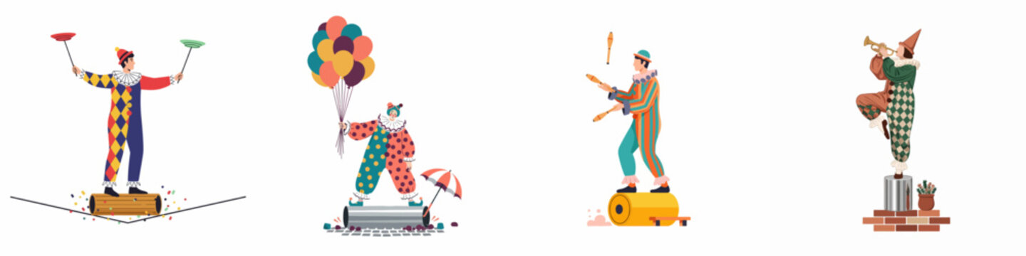 Collection of circus performers including jugglers, clowns, and musicians performing various balancing acts and stunts in a flat illustration style.
