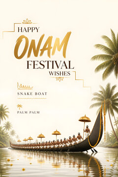 Onam celebration traditional snake boat with festival wishes in elegant Kerala cultural illustration design