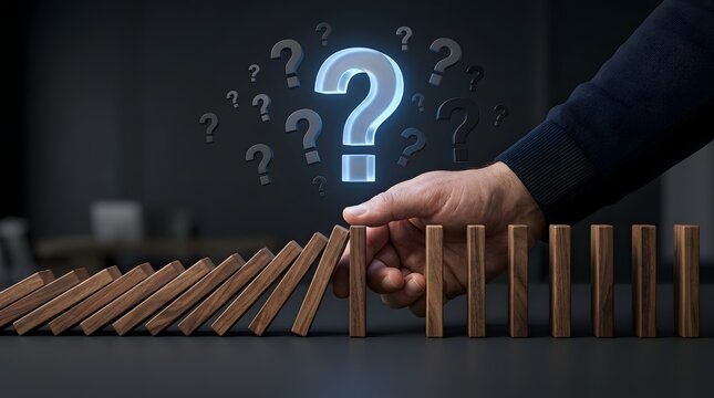 Businessman hand intervening to stop falling dominoes against a backdrop of floating question marks symbolizing crisis management and answering difficult challenges