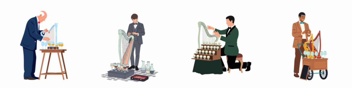 A collection of male musicians performing on glass harps and small stringed harps, captured in various elegant poses against a white background.