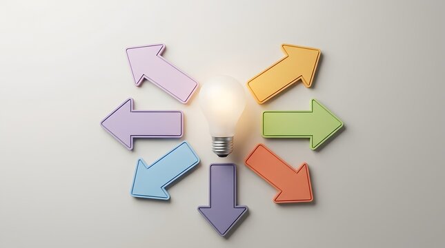 Illuminated lightbulb with multi colored arrows pointing away representing expanding business strategies and distributing creative solutions