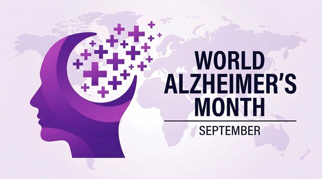 World alzheimer's month awareness campaign purple silhouette with medical symbols and global map background